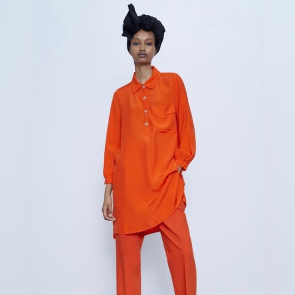 NWT Zara orange collared  tunic w/4 gold buttons, front pocket, button cuffs 🧡 - Picture 1 of 7
